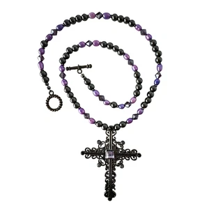 New Purple Rhinestone Gun Metal Filigree Cross on Matching Bead Necklace ~ 19" - Imagen 1 de 7