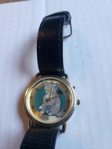 Vintage Grey cat watch with mouse as Second Hand , genuine black leather band  - Picture 1 of 14