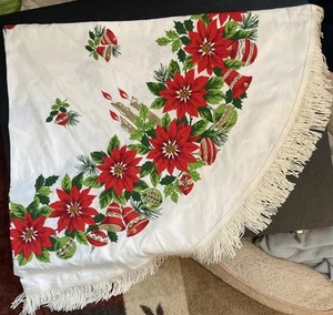 Vintage MCM Round Christmas Tablecloth Fringe 60”Round - Picture 1 of 8
