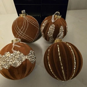 Christmas Ornaments 4 Inch Balls Coffee Color, Glitter, Velvet Like 4 Pack... - Picture 1 of 5