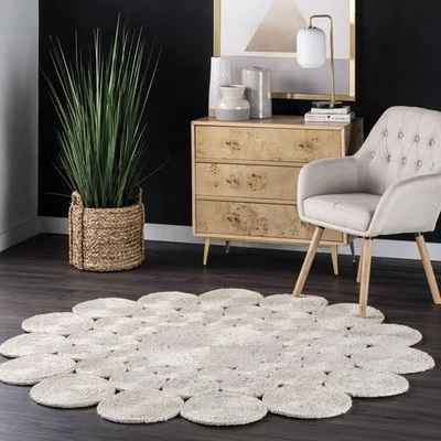 Handmade White Jute Braided Round Rug Natural Boho Floor Mat for Living Room Rug - Image 1 of 4