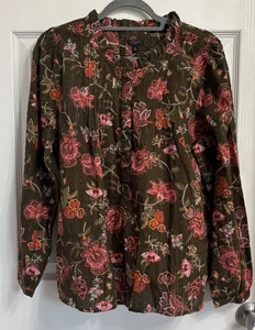 Talbots Olive Floral Blouse Swiss Dots & Metallic Thread Size XLP NWT Boho  - Picture 1 of 9