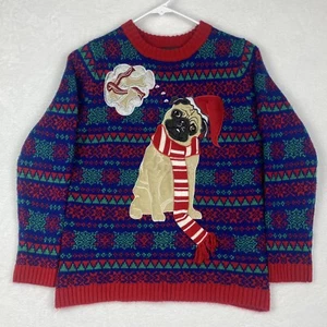 33 Degress Ugly Christmas Sweater Pug Dog Kids Medium Blue Red Pullover Holidays - Picture 1 of 8