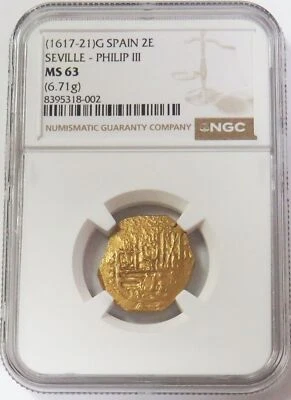 1617 - 1621 G GOLD SEVILLE SPAIN 2 ESCUDOS PHILIP III COIN NGC MS 63 - Image 1 of 2