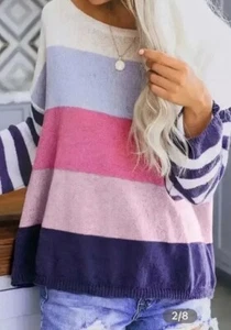 Flamingo Colorblock Striped Pattern Drop Shoulder Sweater, XL - Picture 1 of 6