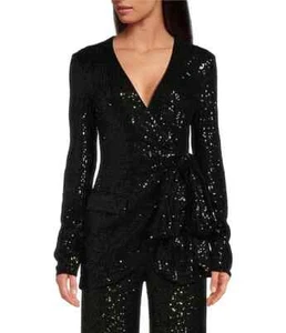 BADGLEY MISCHKA Size 0 Black Sequin V Neck Wrap Jacket Long Sleeves NWT $199 - Picture 1 of 10