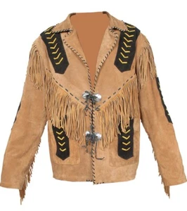 Chaqueta occidental de cuero de gamuza de vaquero americano con abrigo con flecos - Imagen 1 de 4
