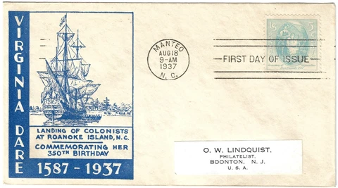 US Sc. #796 FDC Virginia Dare Manteo NC 1937 Cover