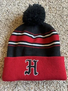 Hollister knit Pom Pom Beanie Hat Black Red White Embroidered H logo- One Size - Picture 1 of 2