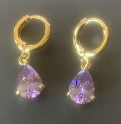 Gold Filled Huggie Hoop & Amethyst Tear Drop Dangle Earrings BRAND NEW IN BOX - Image 1 of 4