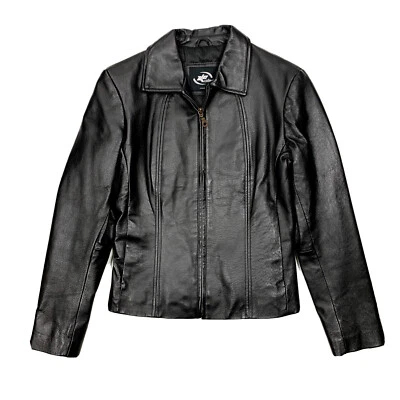 Chaqueta de cuero negra para mujer KC Collections talla pequeña forro completo EXCELENTE Foto 1 de 4