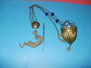 Vecchia lampada domestica bronzo/thurible con gancio appeso e coppa di vetro - molto rara! - Foto 1 di 16