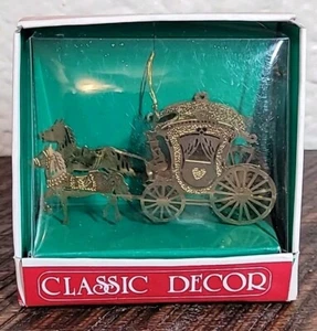 Klassische Deko Ornament Messing Pferd & Buggy Kutsche Weihnachtsschmuck Gold NOS - Bild 1 von 12