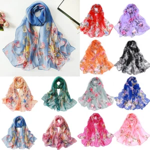 Women Long Soft Silk Chiffon Floral Scarf Wrap Shawl Scarves Sunscreen Headscarf - Picture 1 of 43