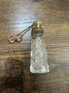 IRice Czech Miniature Crystal PERFUME BOTTLE Gold Filigree Pink Beads Dabber Vtg - Picture 1 of 4