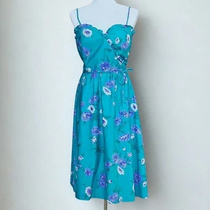 Malia Damen Vintage 70er Jahre türkis & lila Blumen Herzausschnitt Tee Kleid Größe M - Bild 1 von 9