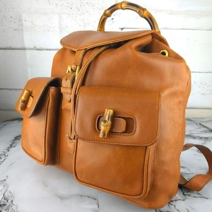 GUCCI Vintage Bamboo 2-Pocket Leather Backpack Brown Camel Tone Authentic - Picture 1 of 24