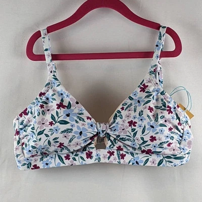 Kona Sol Floral Knot Front Bikini Top M White Pink Plants Swimsuit Beach Keyhole - Image 1 of 4