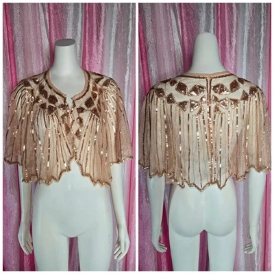 Exquisite Rose Gold Lace Beaded Caplet Shawl Wrap One Size - Image 1 of 4