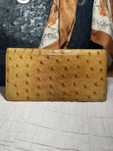 "Cartera chequera de cuero de avestruz con textura genuina, coñac/marrón dorado 7,5 x 3,5""" - Imagen 1 de 11