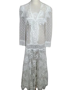 Vtg Off White Floral Lace Dress Drop Waist Art Deco Wedding Prairie Cottage Midi - Picture 1 of 11