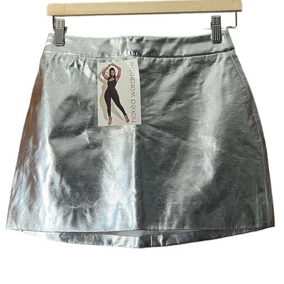 NWT Naked Wardrobe Women's Faux Leather Mini Skirt Back Zip Silver Size Small - Image 1 of 4