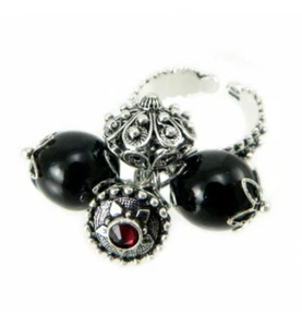 Anello fede sarda donna argento brunito pendente bottone e pietra nera su coccu - Foto 1 di 4