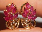 14K YELLOW GOLD 1.32 TCW RUBY & DIAMOND FLORAL  6/10th INCH OMEGA BACK EARRINGS