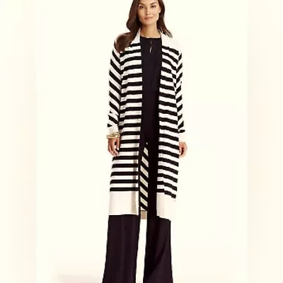 DIANE VON FURSTENBERG Carlisle Striped Silk Duster Cardigan in Black Size S - Image 1 of 4