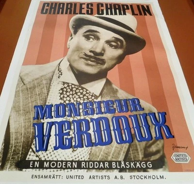 CHARLIE CHAPLIN - Vintage 1947 Film MONSIEUR VERDOUX Swedish Litho MOVIE POSTER - Bild 1 von 4