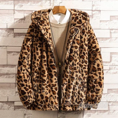 Mens Leopard Hooded Faux Fur Casual Cotton Warm Coat Jacket Outwear Plus Size - Image 1 of 4