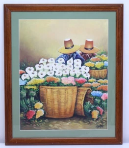Peruvian Painting Gardas Oil Canvas Art Signed Framed Flower Market Basket Rare - Picture 1 of 23
