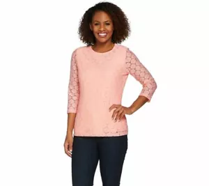 Denim & Co. Size 1X Soft Peach 3/4 Sleeve All Over Lace Top - Picture 1 of 4