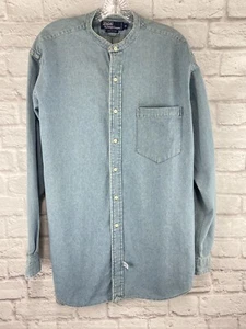 Vintage Polo Ralph Lauren Medium 90's Band Collar Blue Denim Long Sleeve Shirt - Picture 1 of 8