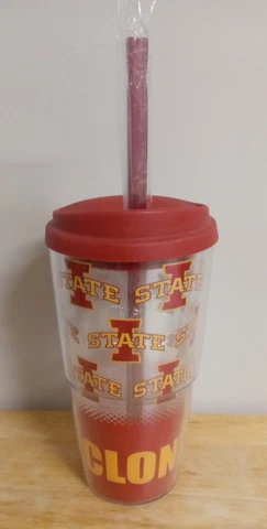 IOWA STATE CYCLONES ThermoServ Clear Plastic Travel Mug Tumbler w/ Lid & Straw Cover