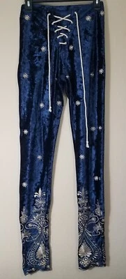 Lenni The Label Velvet Pants Small S Velour Embroidered Lace-Up Navy Blue - Image 1 of 4
