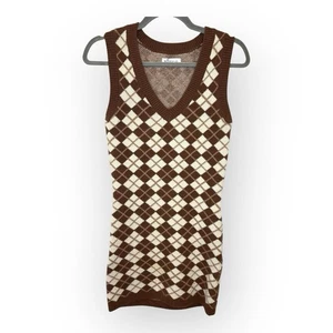Hollister Y2K Argyle Sweater Vest Dress Brown & Cream Preppy Knit Size Small - Picture 1 of 6
