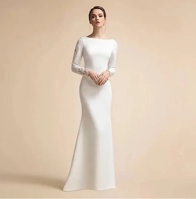 Satin Mermaid Elegant Wedding Dresses Long Sleeve Boho Bride Dress Muslim - Image 1 of 4