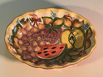Vintage  Hand Painted Pottery Fruit Plate Bowl – signed 60's serving dish - Image 1 of 4