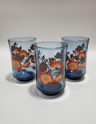 Juego de 3 vasos de zumo vintage Libbey Bolero Franco naranja amapolas, vaso azul Foto 1 de 4