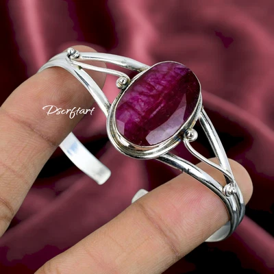 Handmade Ruby Gemstone Cuff Bracelet, 925 Sterling Silver Bangle, Gift For her - Image 1 of 4