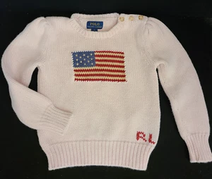 Vintage Polo Ralph Lauren American Flag Sweater Pink Chunky Knit Toddler Girls 5 - Picture 1 of 10