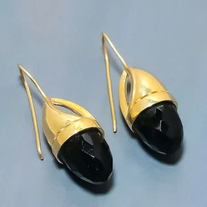 Faceted Black Onyx Bullet Gemstone Gold Plated Earrings Jewelry 1.25" - Picture 1 of 1