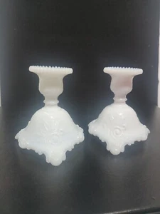 Victorian White Lacy Milk Glass Candlestick Pair Candle Holder Cottagecore Decor - Picture 1 of 21