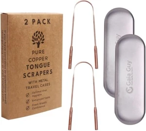 Gaia Guy Copper Tongue Scraper with Metal Case - 2 Pack - Plastic Free Tongue... - Picture 1 of 7