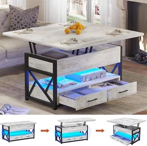 40" Lift Top Coffee Table, Farmhous 4 in 1 Coffee Table with 2 Drawers&LED Light - Picture 1 of 7