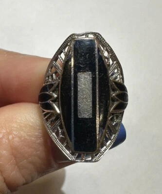 Antico Vero Art Déco C 1920 Nero Intarsio Onice Color Argento Filigrana Ring Da1 - Immagine 1 di 4