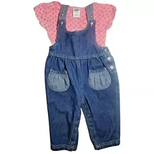 Vintage 1990s Baby Girls Class Club Old Navy Jean Overalls Outfit Set 12m 18m - Picture 1 of 7