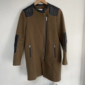 Sandro Paris Wool & Leather Coat - Brown Size EU 36 - Asymmetrical Zip - Picture 1 of 12