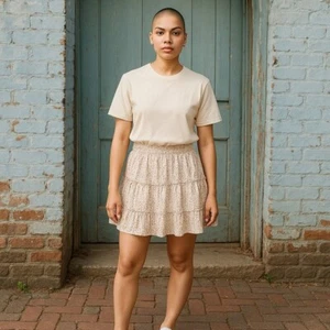 Pink Lily x Caitlin Covington Smocked Waist Ruffle Mini Skirt Beige Floral S - Picture 1 of 6